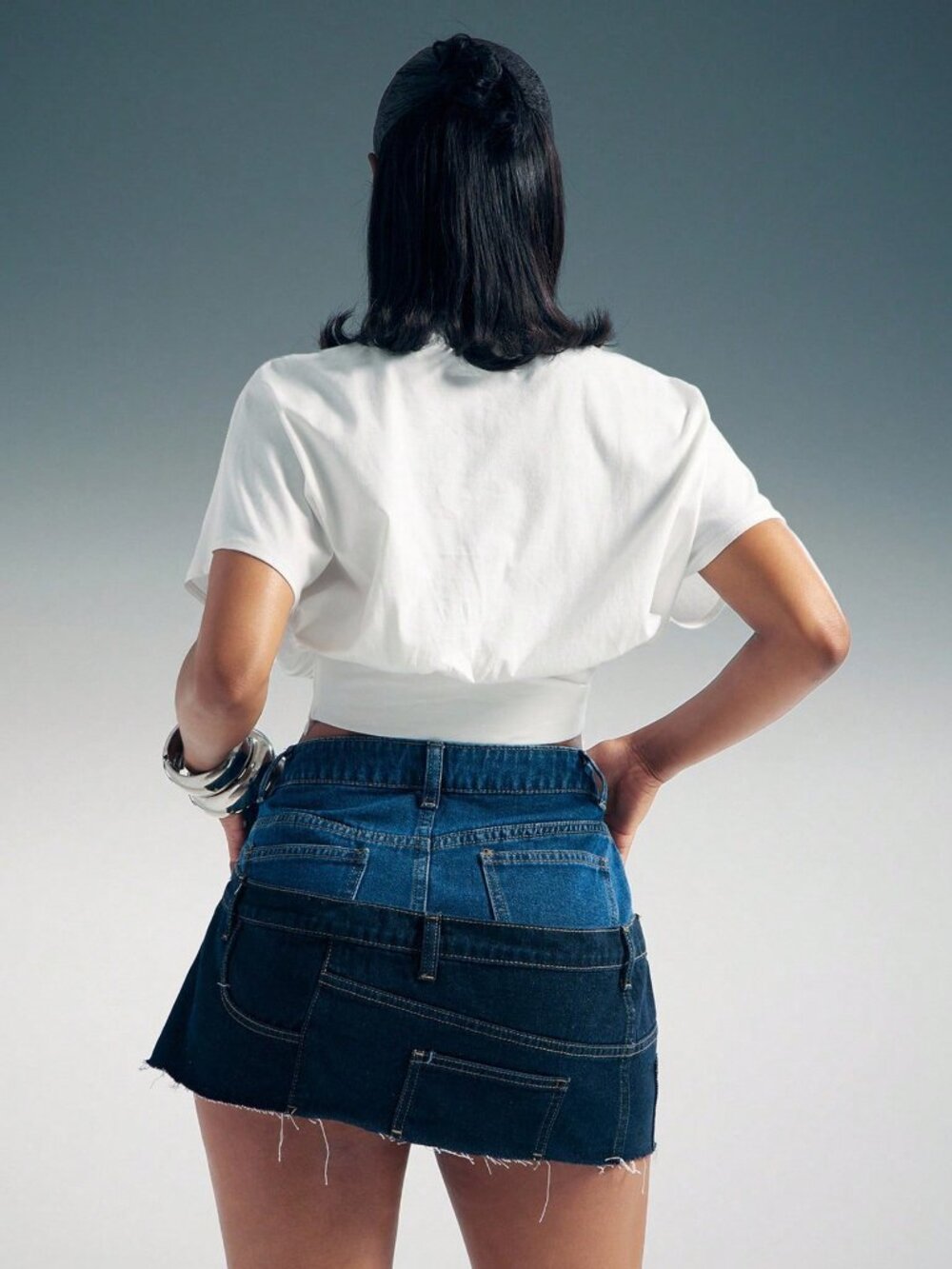 Dark Wash Casual Women's Stacked Waist Low Rise Raw Hem Denim Micro Mini Skirt - Picture 4 of 5